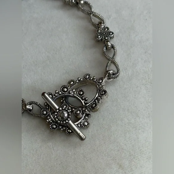 Vintage-Inspired Silver Floral Bracelet w/ Marcasite Accents & Toggle Clasp - Picture 6 of 10